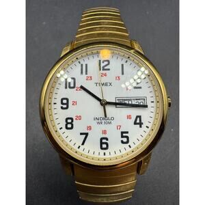 Timex Men's Watch T20471 35mm White Dial Indiglo Gold Tone Expansion Band Works